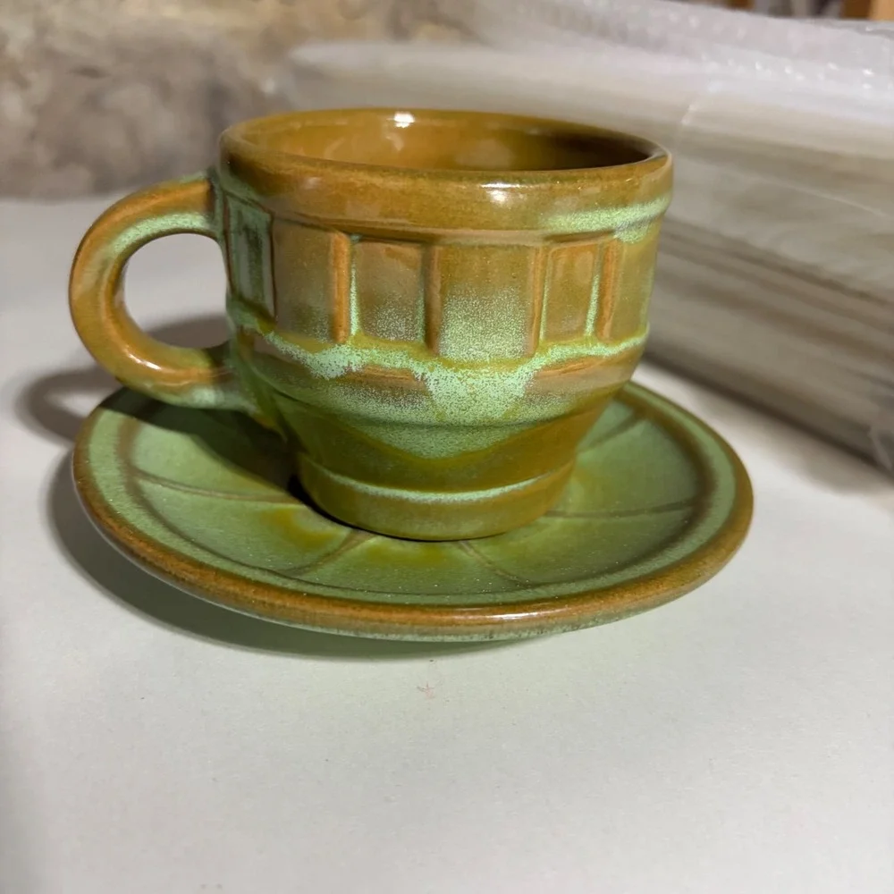 Frankoma Pottery Prairie Green Wagon Wheel Cup and Saucer Set 94S Vintage